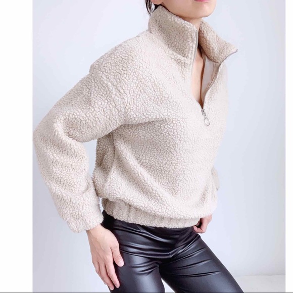 COZY SHERPA QUATER ZIP UP PULLOVER - TAUPE - Picture 6 of 8